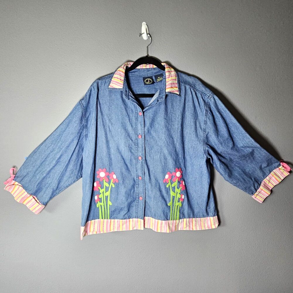 Lighthouse Apparel Womens Floral Denim Button Up Shirt XL